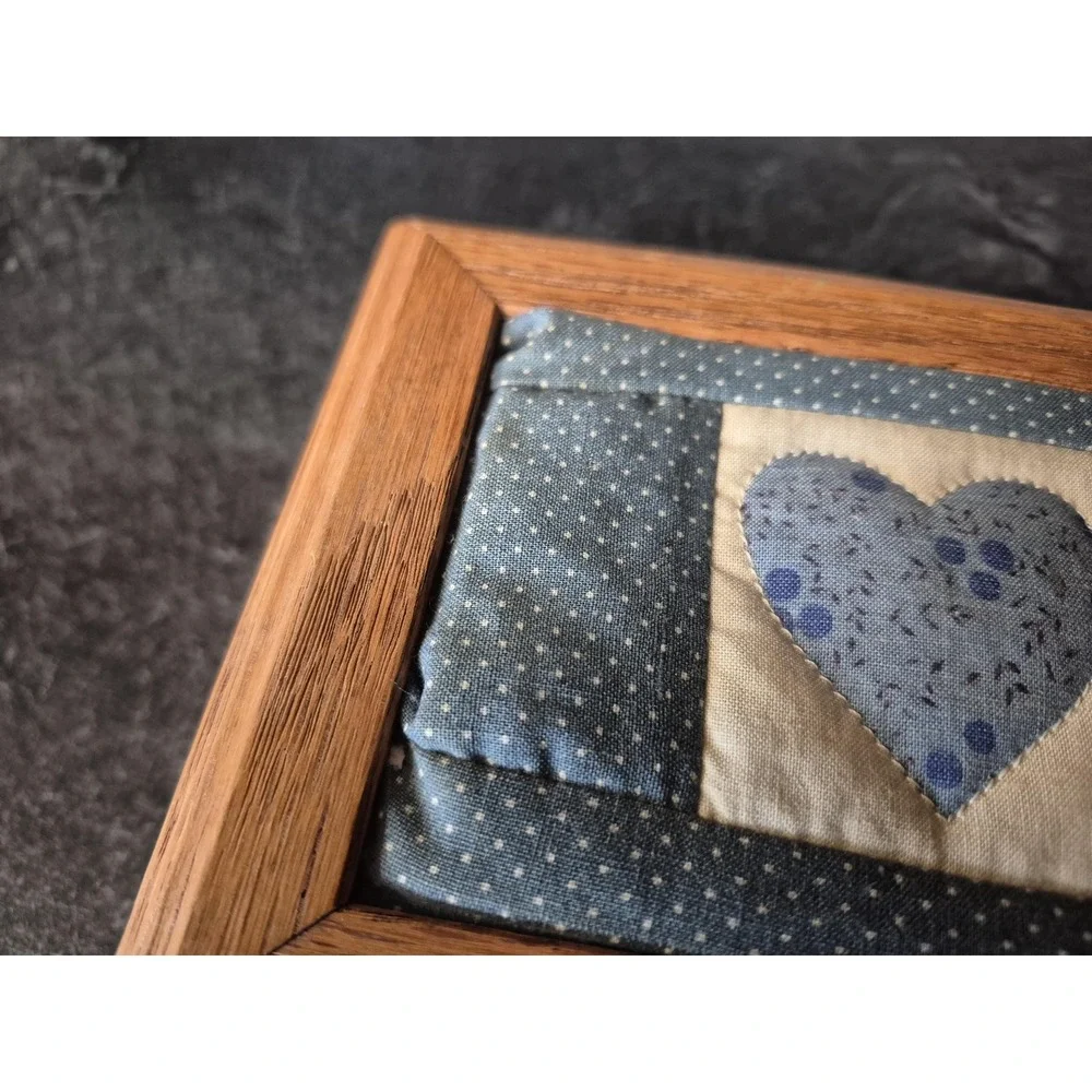 Vintage Tennessee Wood Crafters Oak Keepsake‎ Box Blue Heart Quilt Top Primitive